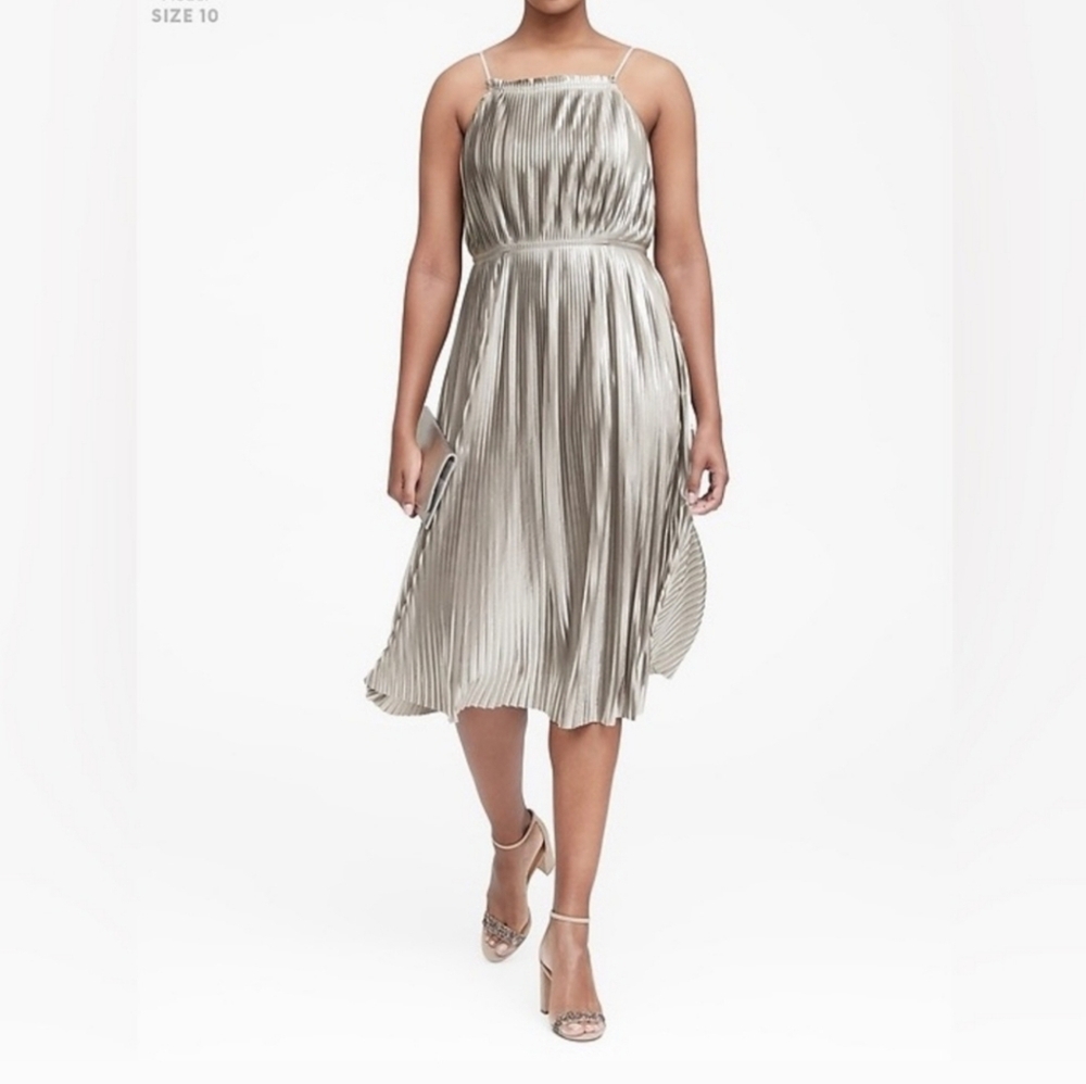 Banana Republic Metallic Silver Pleated Midi Dress, Size 8 petite